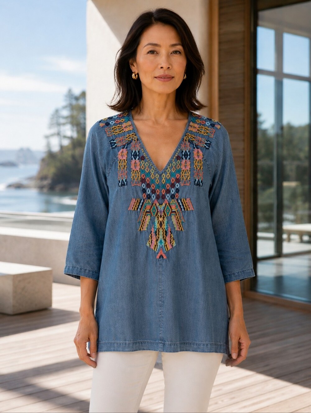 Soft Surroundings Tencel Embroidered Chambray Tunic Top XS